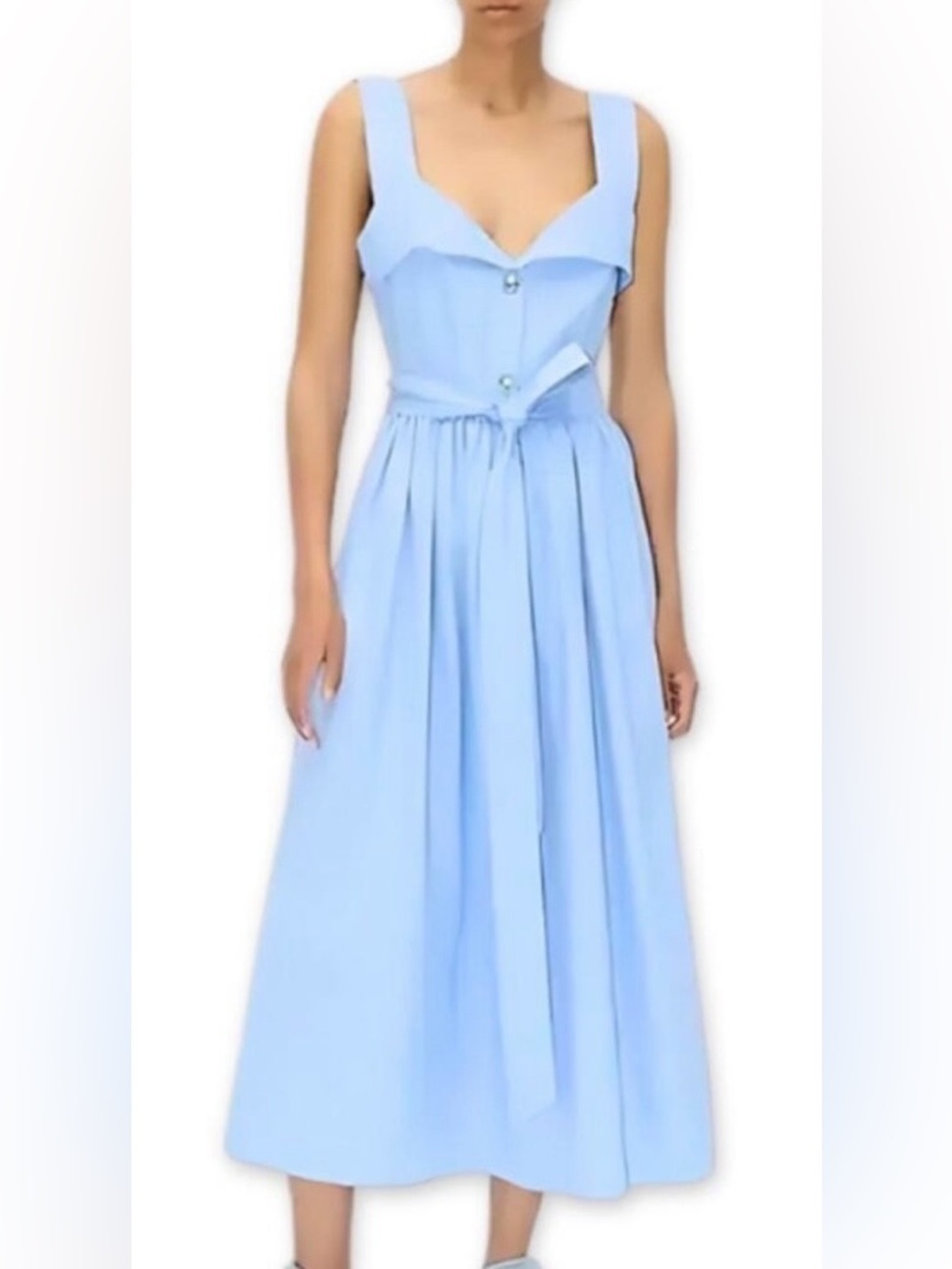 STINE GOYA NWT Light Blue Sleeveless Midi Dress with Waist Tie Crystal Buttons S